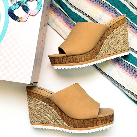 Soda Shoes - Soda tan vegan leather slide wood heel espadrilles